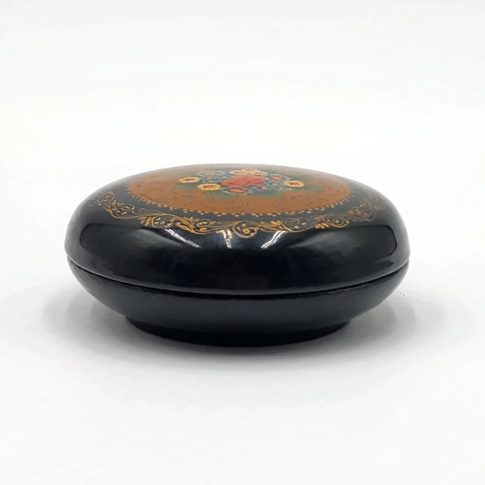 Vintage Russian Lacquer Floral Trinket Box Hand Painted Round 3